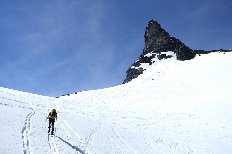 MOTBAKKE: det viktigste kjennetegnet på toppturski er at de har lavere vekt enn andre typer ski. Dette for at de ikke skal være for tunge å gå opp på fjelltoppene med. Dette er fra turen til Gjuratind i Romsdal. Foto: Tore Meirik toppturski