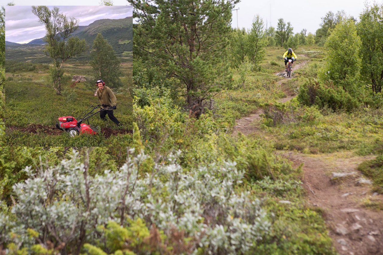ET ARGUMENT FOR Å KJØRE SNØSKUTER? Sykkelentusiaster brukte jordfreser (innfelt bilde) for å ordne 500 meter sti på det populære sykkelfjellet Rauhovden (hovedbildet) i Oppdal. Det brukes som argument for å åpne opp for mer snøskuterkjøring i bygda. Foto: Terje Nylende/ Tore Meirik ET ARGUMENT FOR Å KJØRE SNØSKUTER? Sykkelentusiaster brukte jordfreser (innfelt bilde) for å ordne 500 meter sti på det populære sykkelfjellet Rauhovden (hovedbildet) i Oppdal. Det brukes som argument for å åpne opp for mer snøskuterkjøring i bygda. Foto: Terje Nylende/ Tore Meirik
