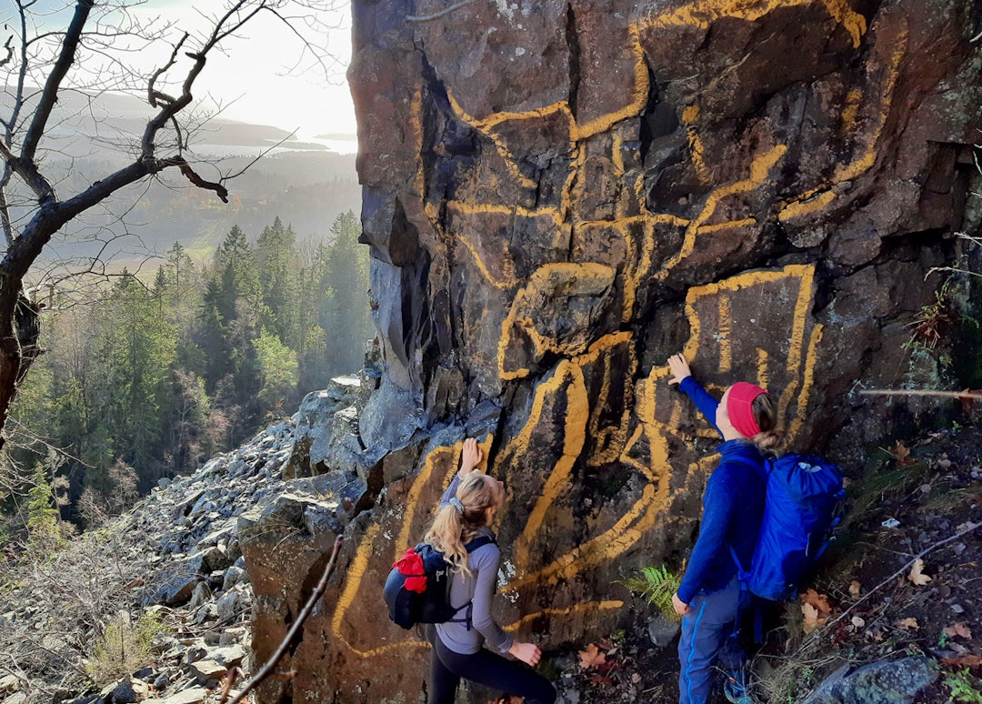 TO MÅNEDER ETTER KUNSTPROSJEKTET: Dette bildet ble tatt lørdag 30. oktober, og viser nedre del av ruta Skyggesvaet på Kolsås. De gule strekene er synlige fra lang avstand. Foto: Lisa Kvålshaugen Bjærum Kolsås Helle Siljeholm Jon Gangdal Marius Morstad klatring