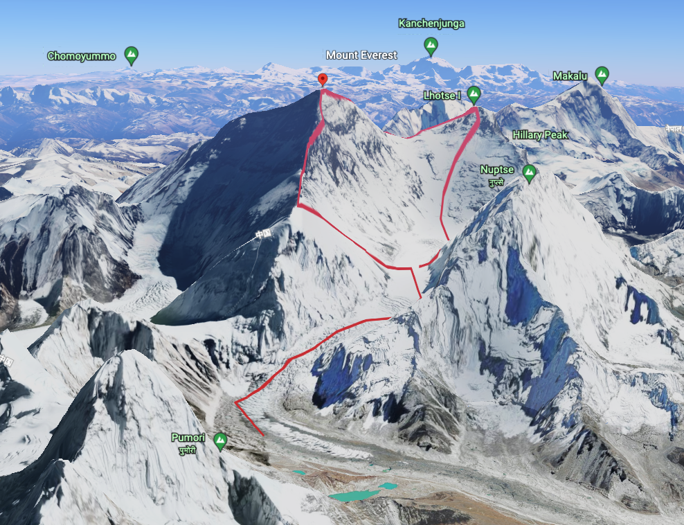 Traversen går via vestryggen på Everest og så videre via South Col til Lhotse. Foto: Skjermdump fra GoogleEarth Skjermbilde 2021-05-06 kl. 11.30.38 (2)