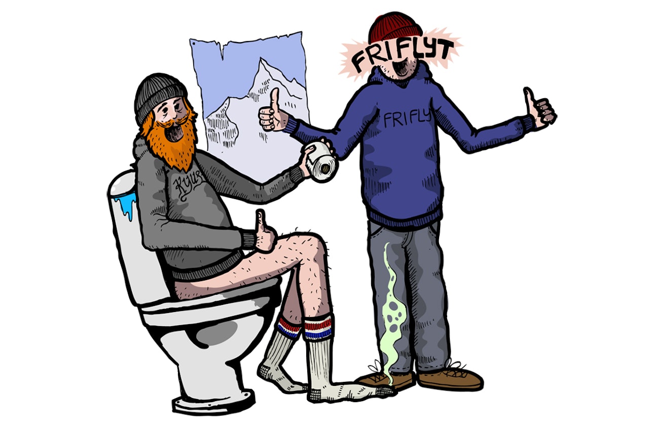 JOVIAL KOMPIS: Fri Flyt er med deg på fjellet, i parken, på hytta – og på do. Illustrasjon: Danny Larsen JOVIAL KOMPIS: Fri Flyt er med deg på fjellet, i parken, på hytta – og på do. Illustrasjon: Danny Larsen