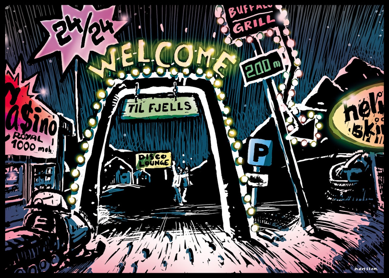 FJELLTIVOLI? Fri Flyt håper norsk natur også i framtida vil gi muligheter for både stillhet og fartsfylte opplevelser. Illustrasjon: Atle Hansson FJELLTIVOLI? Fri Flyt håper norsk natur også i framtida vil gi muligheter for både stillhet og fartsfylte opplevelser. Illustrasjon: Atle Hansson