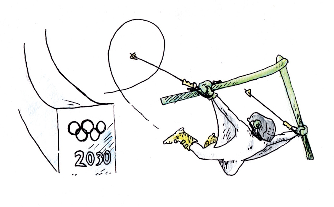 FRAMTIDA: Hvem vet hvordan slopestyle framstår i de Olympiske leker om 16 år? Og hvor optimistisk kan man tillate seg å være? Illustrasjon: Didrik Magnus-Andresen