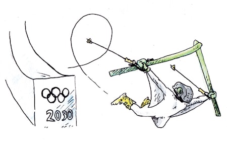 FRAMTIDA: Hvem vet hvordan slopestyle framstår i de Olympiske leker om 16 år? Og hvor optimistisk kan man tillate seg å være? Illustrasjon: Didrik Magnus-Andresen