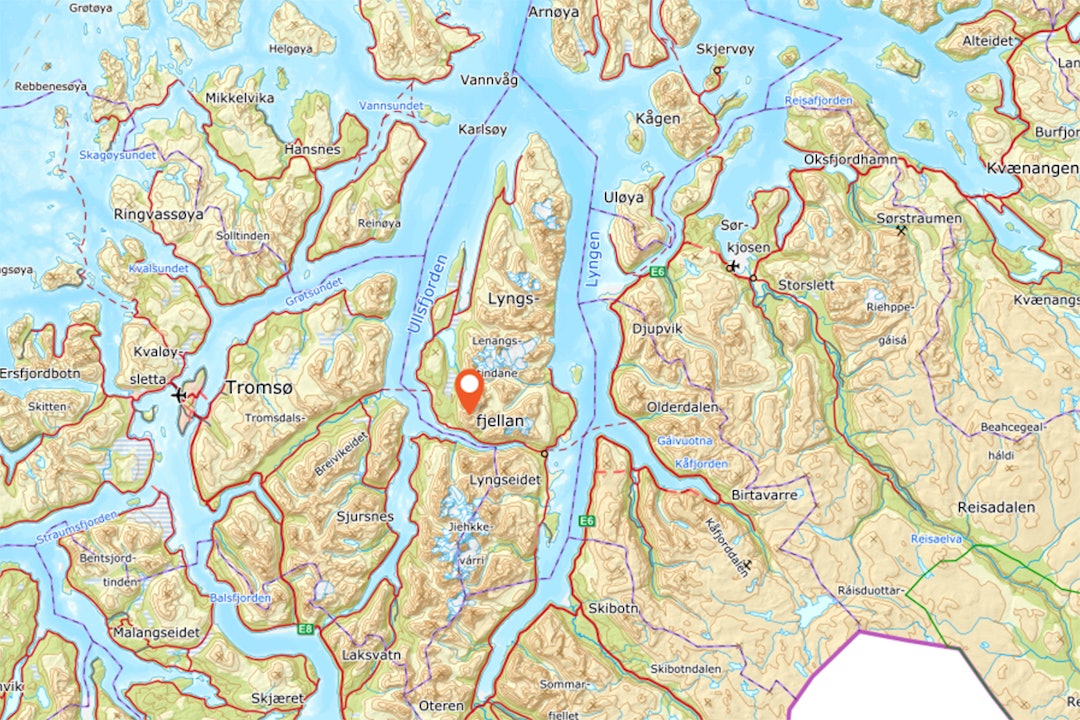 SNØSKRED: Skredet har gått på Sofiatinden i Lyngen. Foto: Norgeskart Sofiatinden lyngen