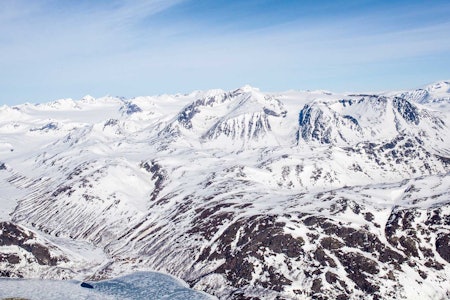 Fra Memurubu er det to alternative veier opp på Surtningssue (2358 moh) Den røde linjen er mer direkte og raskere, mens den blå linjen kan være et tryggere alternativ under visse forhold. Foto: Marte Stensland Jørgensen / Høgruta i Jotunheimen. Fra Memurubu er det to alternative veier opp på Surtningssue (2358 moh) Den røde linjen er mer direkte og raskere, mens den blå linjen kan være et tryggere alternativ under visse forhold. Foto: Marte Stensland Jørgensen / Høgruta i Jotunheimen.