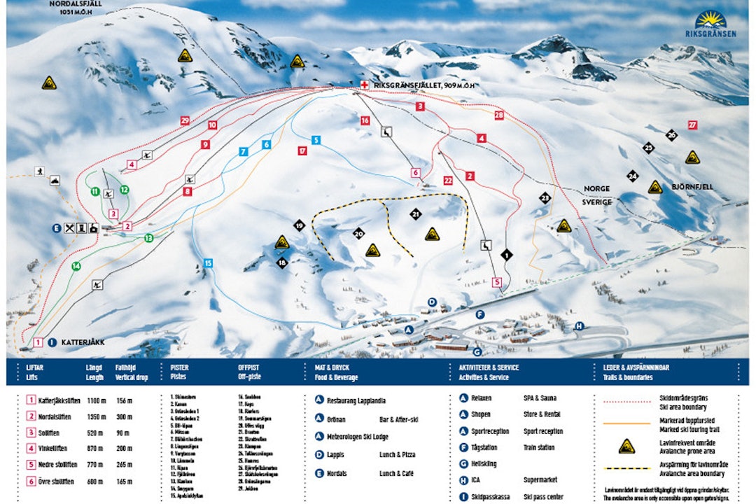 Løypekartet for Riksgränsen røper hvor beskjedent det lille anlegget med det store ryktet er. Riksgränsen riksgrensen riksgransen løypekart pistkarta guide freeride