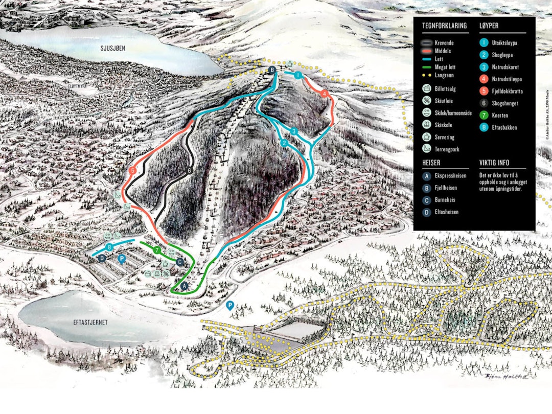 Selv løypekartet til alpinanlegget domineres av langrennsløyper. Sjusjøen løypekart