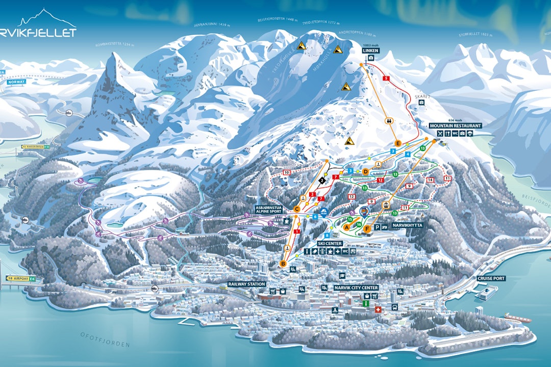 Løypekartet ble kåret til Skandinavias vakreste av svenskene i Freeride.se NArvikfjellet skisenter NArvik løypekart fri flyt freeride