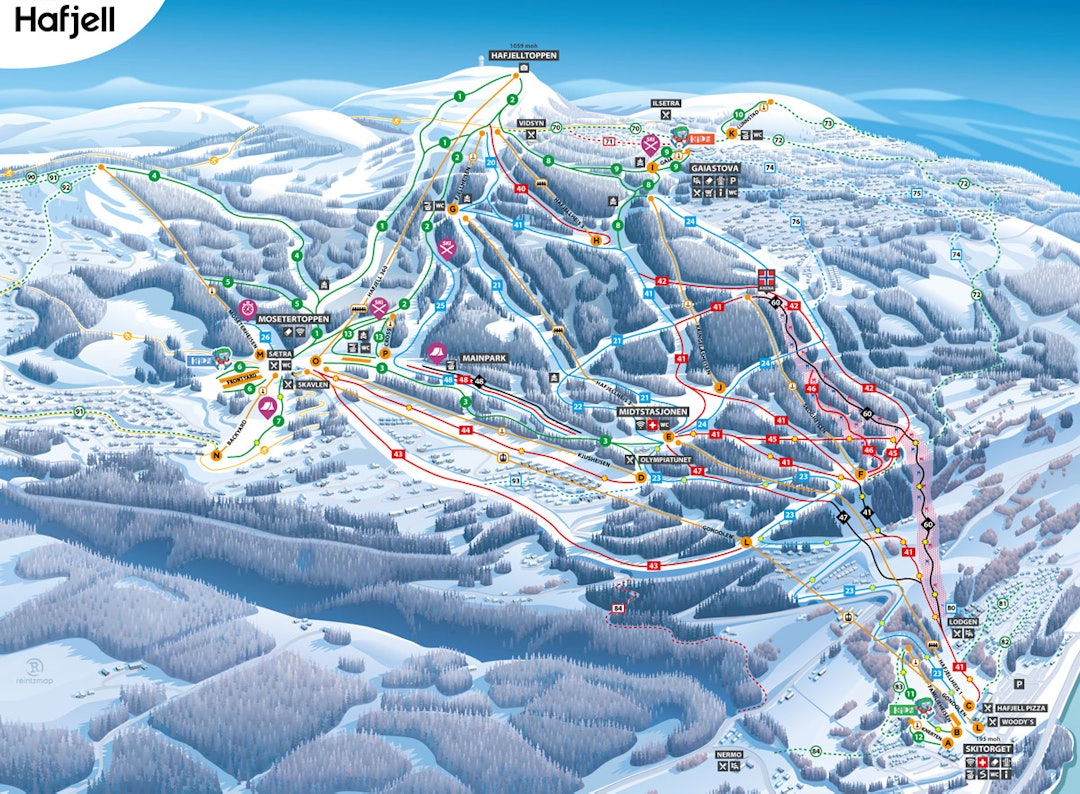 Heisene og gondolene på Hafjell går innimellom en stor skog av hytter. løypekart guide alpint ski hafjell alpinsenter hafjell bike park