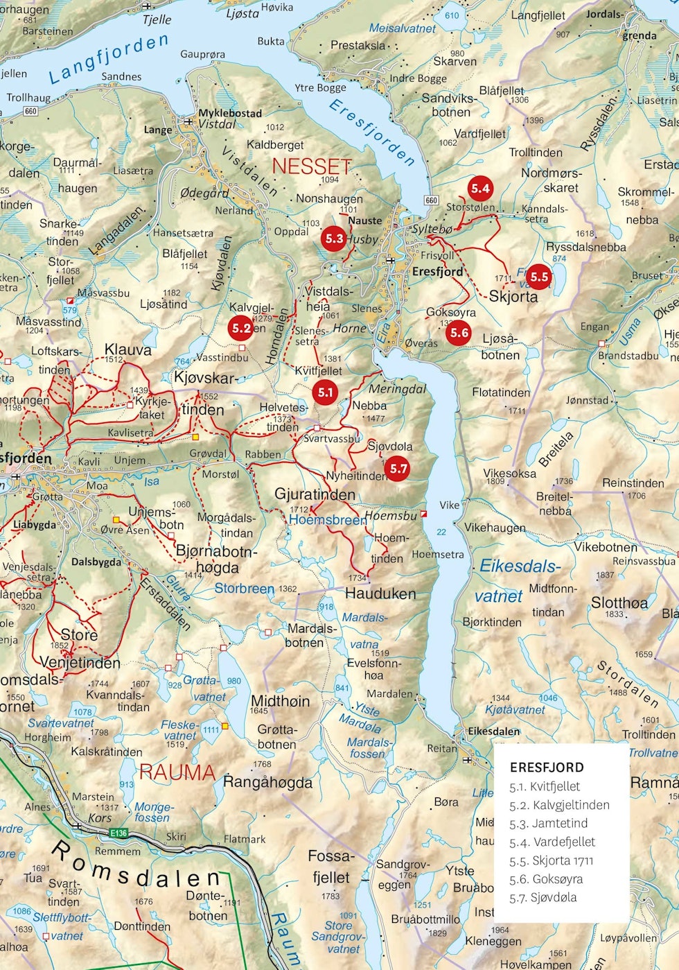 Oversiktskart over Eresfjord med inntegnet rute. Fra Toppturer i Romsdalen Oversiktakart-Eresfjord-Toppturer-i-Romsdalen