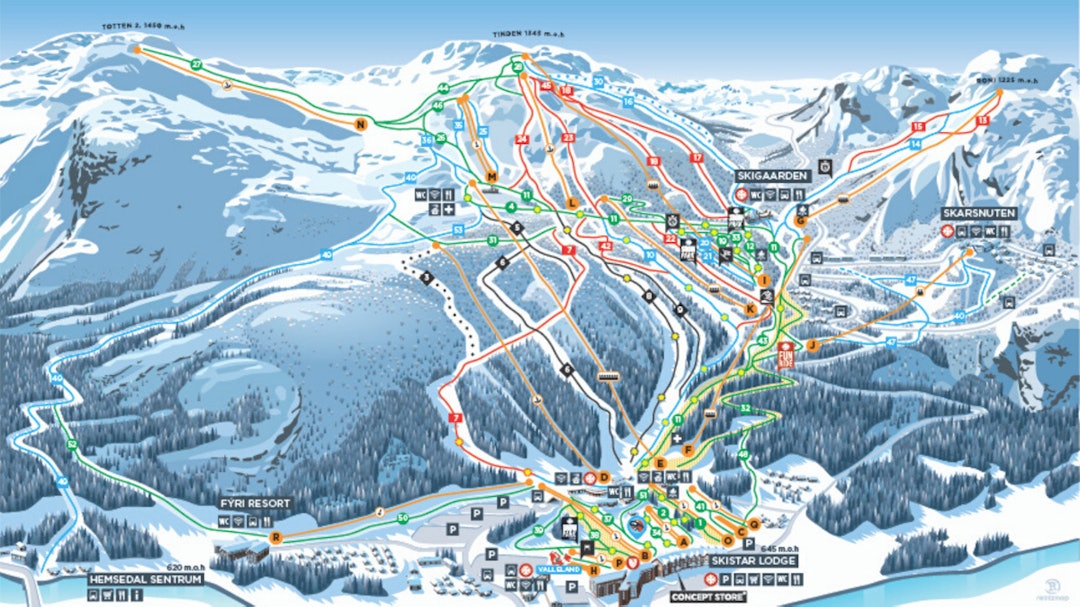 Anlegget i Hemsedal strekker seg mellom fjellene Totten og Røgjin. Løypekart hemsedal alpin ski snowboard skistar guide freeride