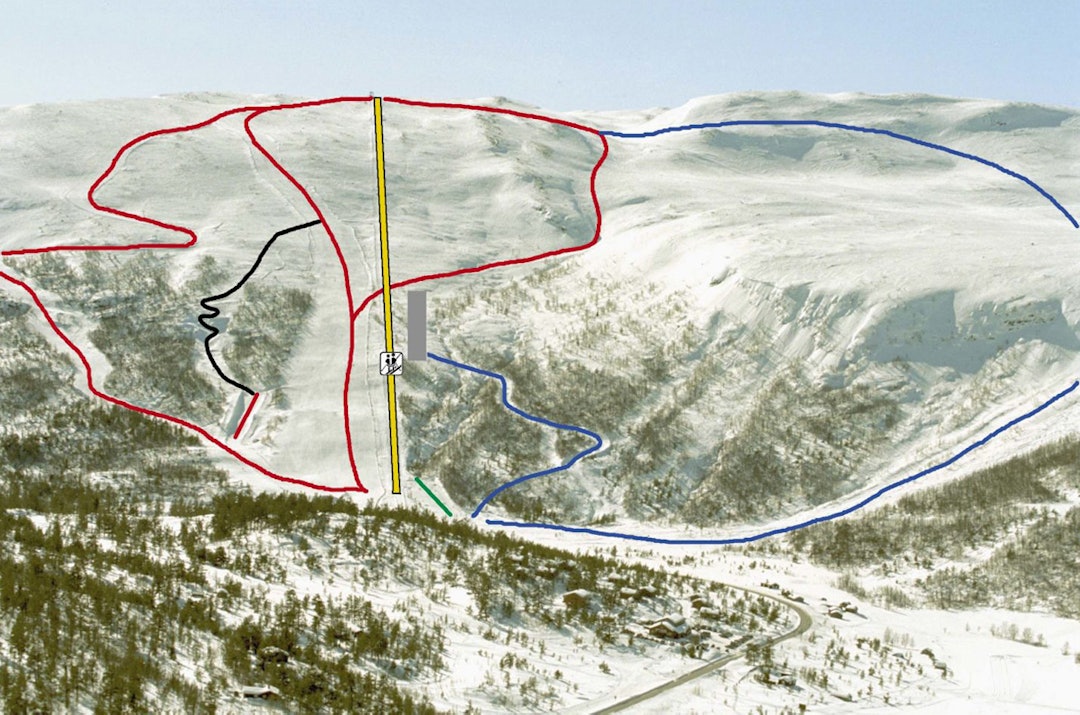 Det er egentlig bare en lang T-krok her oppe, men terrenget den åpner opp er høyst kjørbart. Lemonsjøen alpinsenter Lemonsjø freeride piste map løypekart