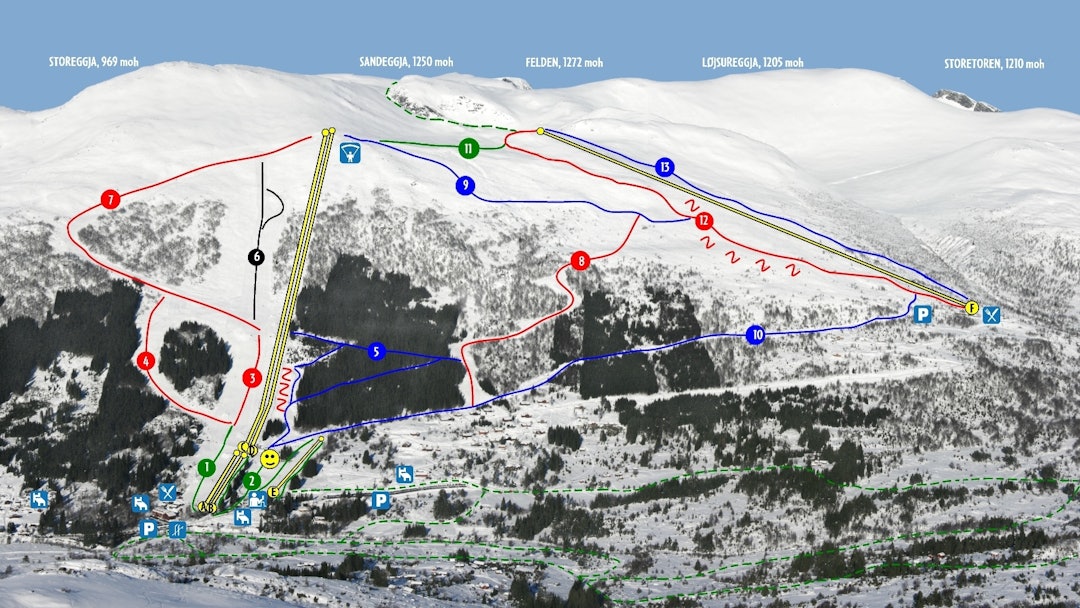 Smilefjeset markerer parken på løypekartet til Harpefossen skisenter. Harpefossen skisenter freeride offpiste alpint ski snowboard anlegg
