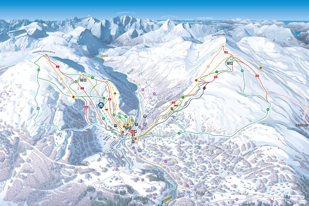Løypekartet inkluderer freeride-løypa ned til Langlo i bunnen av dalen. Sprekt! Strands skisenter løypekart guide fri flyt freerid ski info guide snowboard alpint