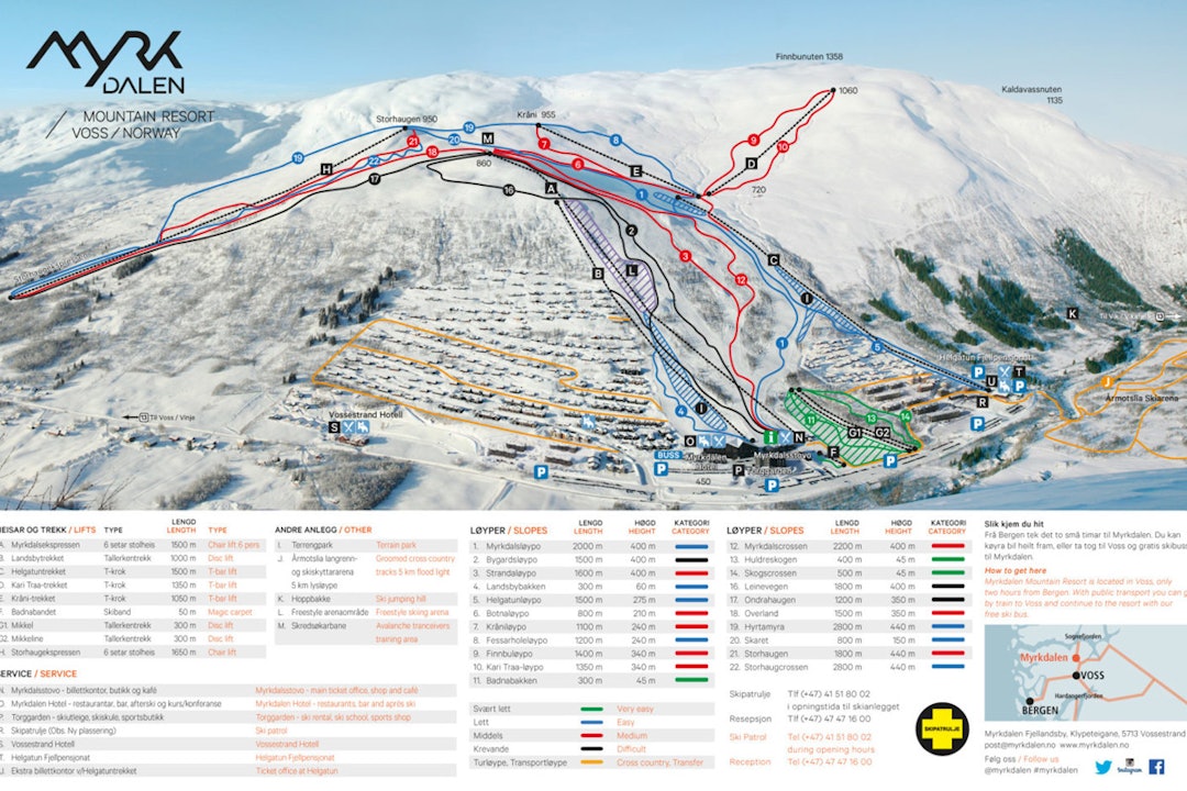 Myrkdalen sender frikjørerne opp i høyden, proffene langt ut i skogen og jibberne til nærmest hotellet Myrkdalen løypekart fri flyt guide freeride ski alpint snowboard voss myrk mrykdal