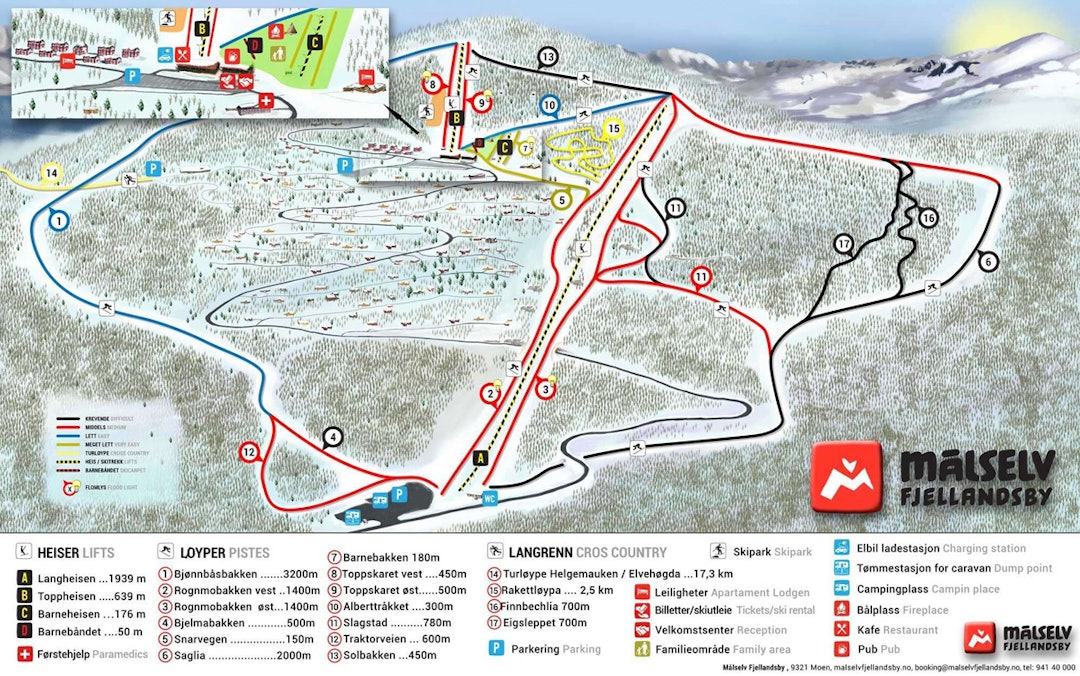 Målselv Skianlegg er bygget rundt et hyttefelt regulert for opptil 1500 hytter. Målselv fjellandsby løypekart friflyt guide