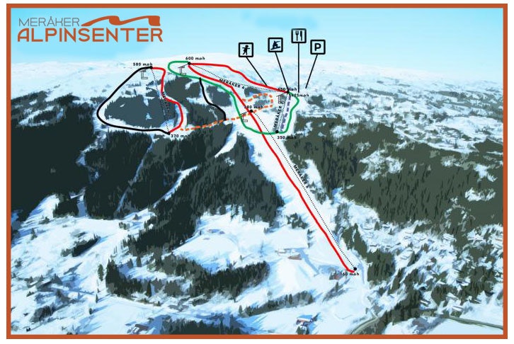 Meråker har en lang T-krok og fint terreng under og over tregrensa. Meråker alpinsenter trondheim trøndelag storlien åre skisenter løypekart alpint snowboard fri flyt guide snowboard ski freeride