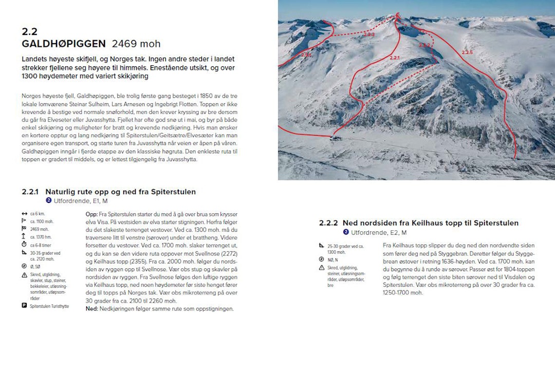 De fleste av fjelltoppene i boken kommer med flere nedkjøringsalternativer. topptur bok jotunheimen ski alpint snowboard splitboard tu topper tinderangling sogn turtagrø lerivassbu gjendesheim valdresflya beitostølen lom otta rondane randonee bok guide tips fri flyt