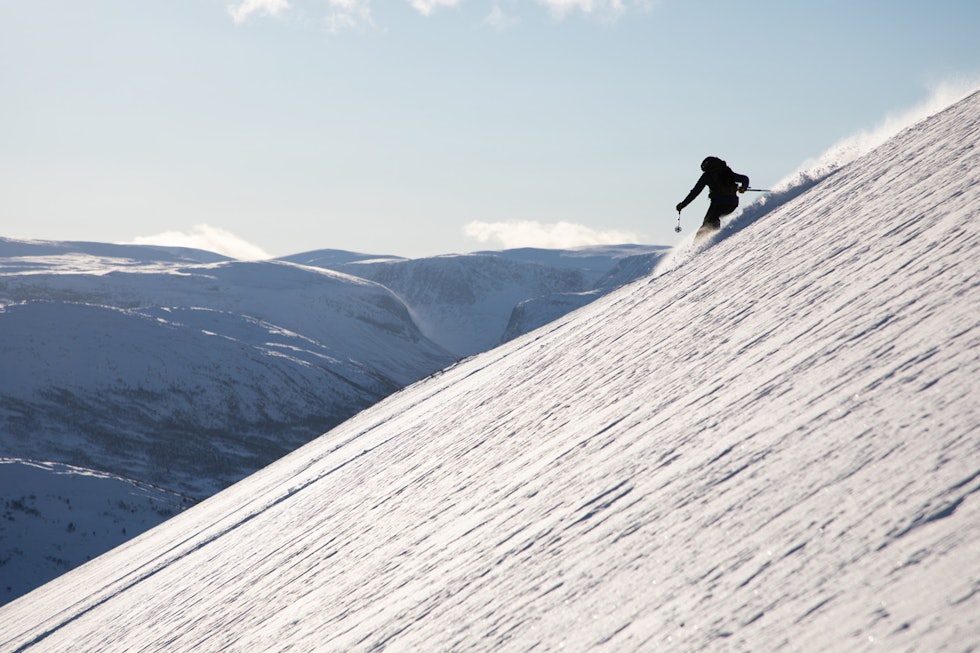 ALDSNØ: Når det er 22 minusgrader nedi skyggen er det nydelig tørrsnø selv i sola. Foto: Tore Meirik topptur roksdalskammen oppdal