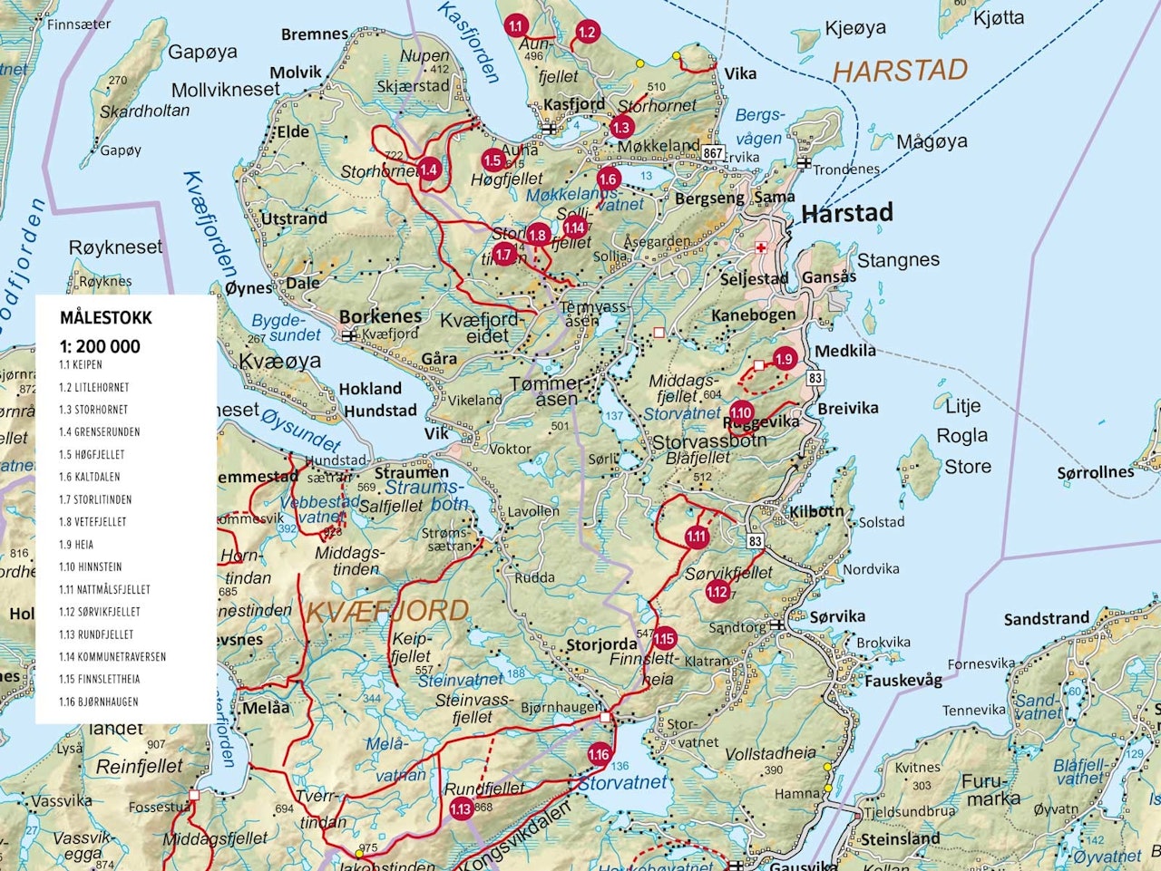 Oversiktskart over Harstad. Oversiktskart topptur Harstad.