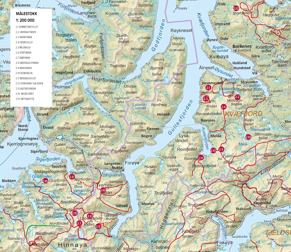 Oversiktskart med inntegnet rute. Fra Toppturer rundt Harstad Kvæfjord-Sortland-Oversiktskart