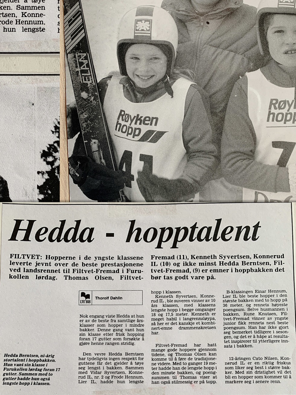 TIDLIG BLANT DE BESTE: Det begynte med hopp for Hurum-jenta Hedda Berntsen. Ingen kunne føle seg trygge når denne jenta stilte til «start». Uansett kjønn eller alderstrinn. Bilder: Lokalavisen