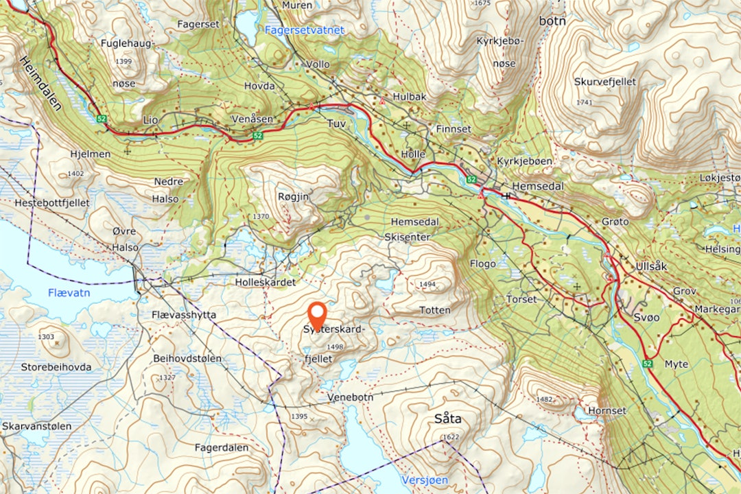 SKRED: Systerskardfjellet ligger vest for Hemsedal skisenter og det kjente Totten-området. Foto: Norgeskart Snøskred Hemsedal