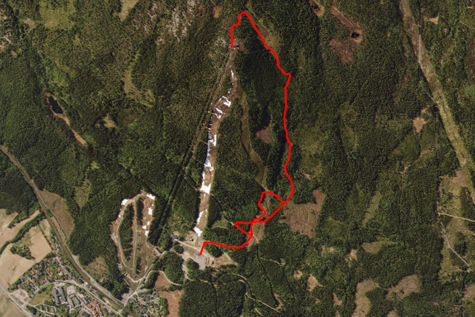RANDOTRASEENE I VARINGSKOLLEN: Linjene som er markert i rødt er de oppmerkede randotraseene i Varingskollen. Foto: Varingskollen Alpinsenter VK Randonne trasse 1147x765