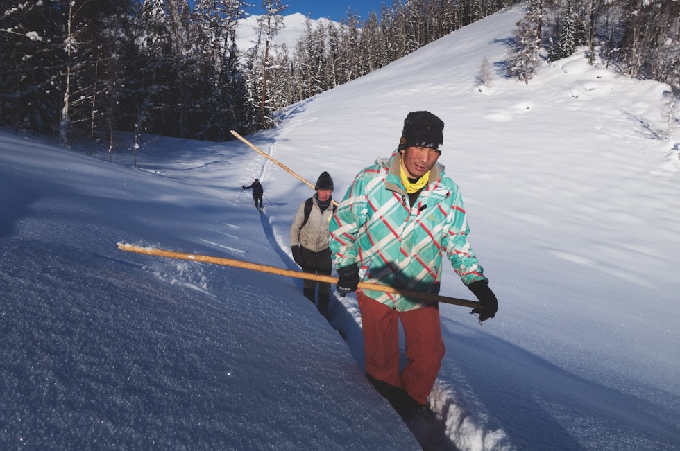 I SPORET: Arshafé (t.v.) og Tursin på vei hjem etter skitur. Stokken nesten som en padleåre i motbakken. Audun Tholfsen følger bak. Bilde: Erlend Sande