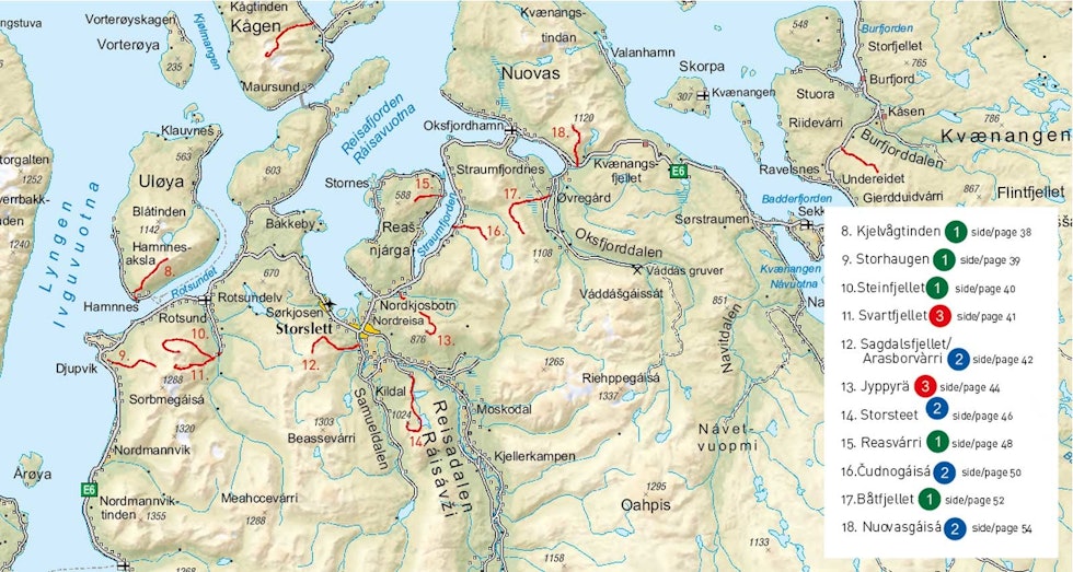 Oversiktskart med inntegnet rute. Lyngenfjord-Nordreisa-Oversiktskart