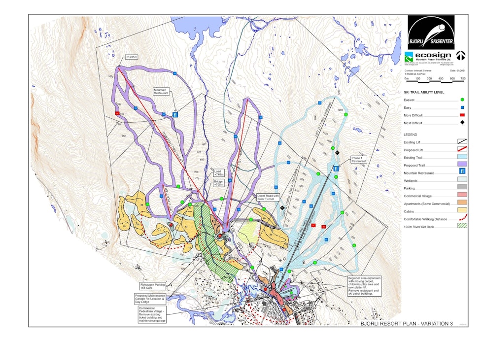 STORE PLANER: Det vil bli bygd flere heistraseer og nye heiser, som vil tilgjengeliggjøre Bjorlitoppen. Bjorli Resort Plan - Variation 3.2 13.01.2021-page-001