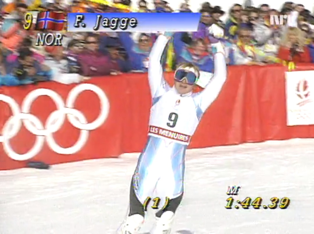 Finn Christian Jagge ved målgang i 1992 - med god margin foran Tomba. Jagge Albertville