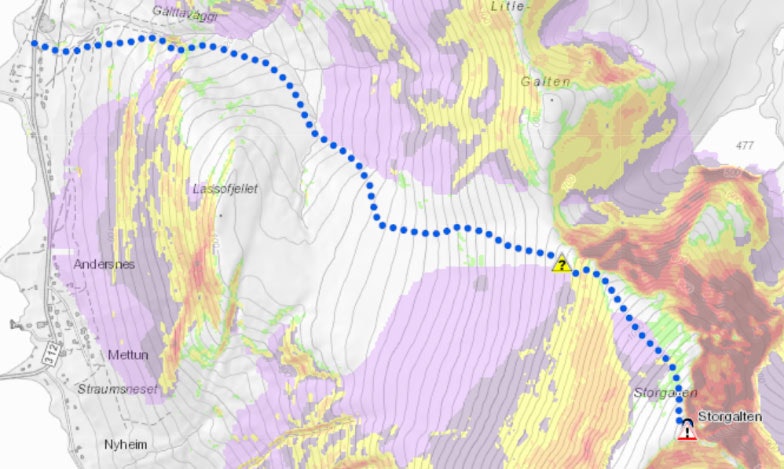 KAST PÅ STORGALTEN: Slik ser fjellet på hovedbildet i denne artikkelen ut i kartet med KAST integrert. KAST PÅ STORGALTEN: Slik ser fjellet på hovedbildet i denne artikkelen ut i kartet med KAST integrert.