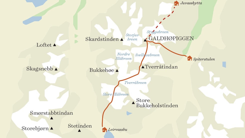 RUTA: På Jotunheimen Haute Route, starter turen til Galdhøpiggen fra Spiterstulen, men vi begynte på Juvasshytta. Fra Galdhøpiggen ble det fire fine nedkjøringer før vi endte opp i Leirdalen.