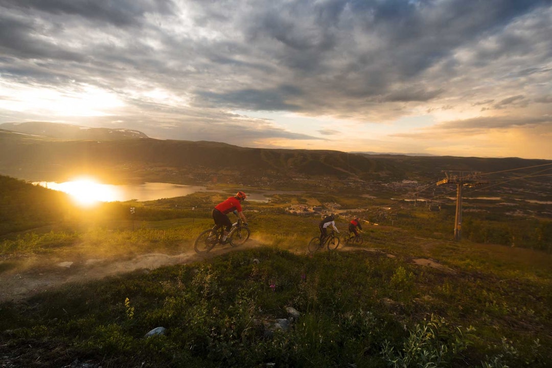 SYKKELDAL: Kveldstur med utsikt til Hallingskarvet. Sykkeltilbudet i bygdene opp og ned Hallingdal utfyller hverandre godt – og Geilo står for det heisbaserte. Mange kombinerer en tur hit med den shuttlebaserte syklinga i Nesbyen, en time unna. Foto: Vegard Breie