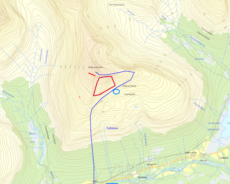 Kart som viser den planlagte ruta opp Blåbærfjellet. Kart: politiet