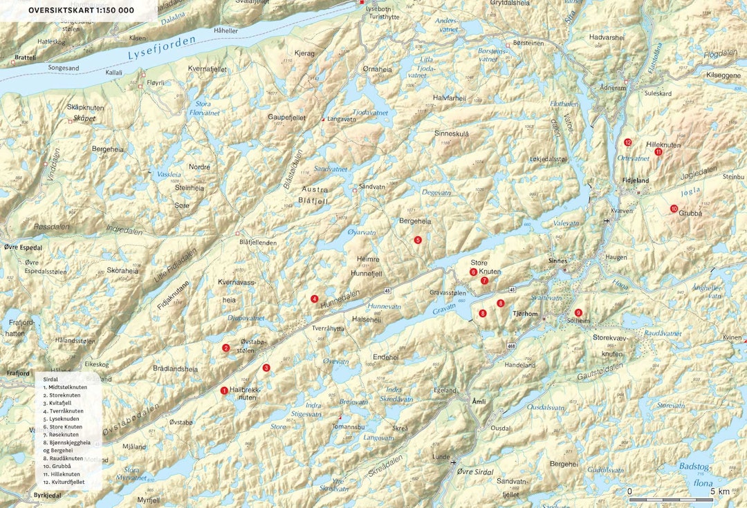 Oversiktskart over Sirdal. Fra Toppturer i Sørvest.