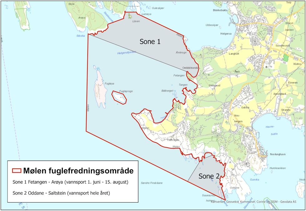 Kart over verneområdet og forvaltningssonene ved Saltstein og Mølen.
