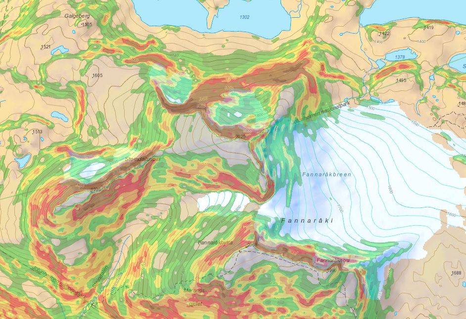 BRATTHETSKART: Bratthetskart over området Steindalsnosi og Fannaråkbreen. Foto: NGI BRATTHETSKART: Bratthetskart over området Steindalsnosi og Fannaråkbreen. Foto: NGI