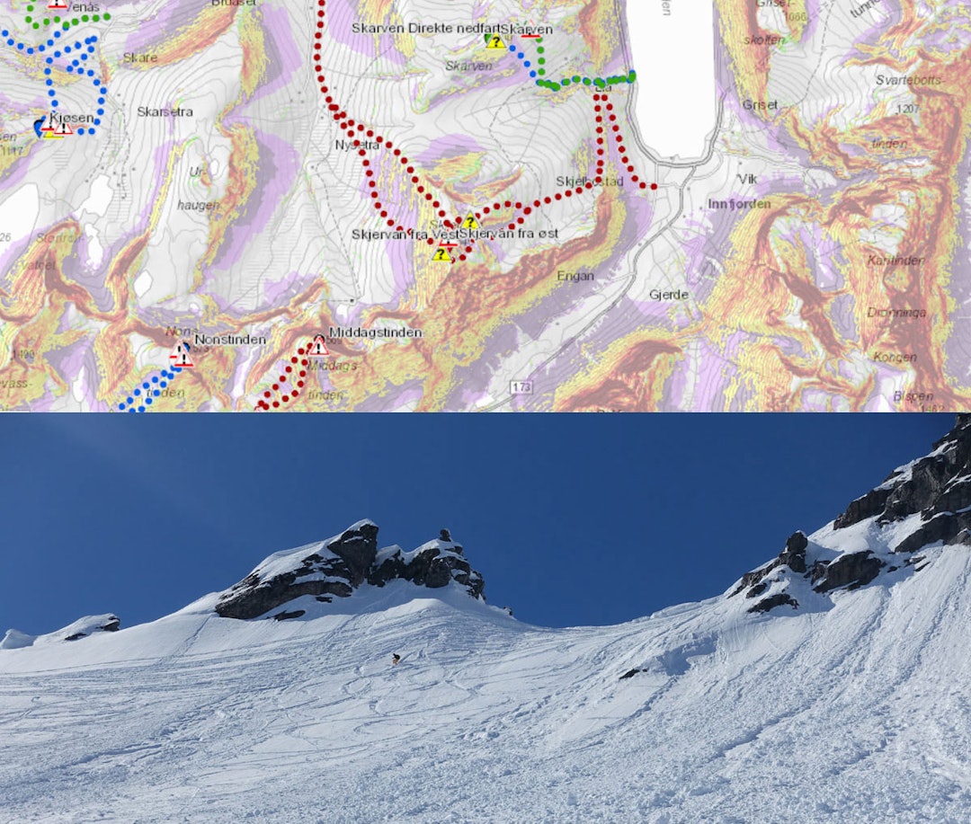 KART OVER OG PRAKSIS UNDER: Skjervan i Romsdalen er en av turene som er på plass i det oppdaterte kartet. Den røde turen på Skjervans østside er rød, som betyr KAST-klasse tre; komplekst. Bildet under viser hvordan terrenget ser ut i virkeligheten. Foto: NVE/ Tore Meirik KART OVER OG PRAKSIS UNDER: Skjervan i Romsdalen er en av turene som er på plass i det oppdaterte kartet. Den røde turen på Skjervans østside er rød, som betyr KAST-klasse tre; komplekst. Bildet under viser hvordan terrenget ser ut i virkeligheten. Foto: NVE/ Tore Meirik