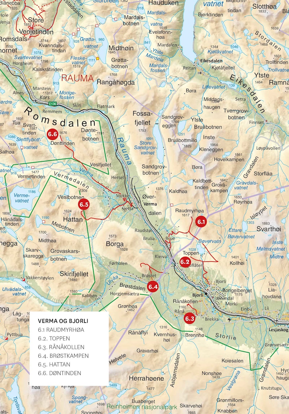 Oversiktskart over Verma og Bjorli med inntegnet rute. Fra Toppturer i Romsdalen Oversiktskart-Verma-Bjorli-Toppturer-i-Romsdalen