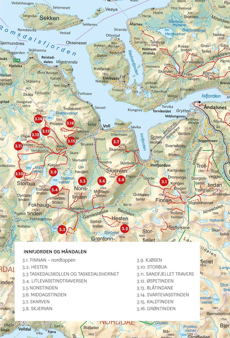 Oversiktskart over Innfjorden og Måndalen med inntegnet rute. Fra Toppturer i Romsdalen Oversiktskart-Innfjorden-Måndalen-Romsdalen