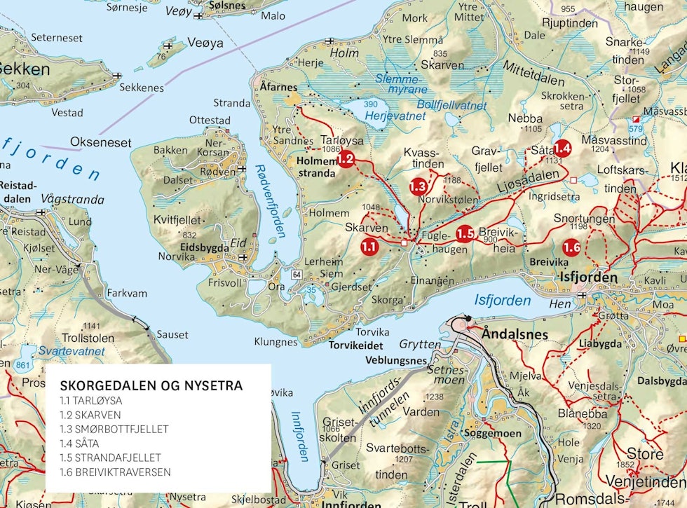 Oversiktskart med inntegnet rute. Fra Toppturer i Romsdalen Skorgedalen-Nysetra-Toppturer-i-Romsdalen-Oversiktskart