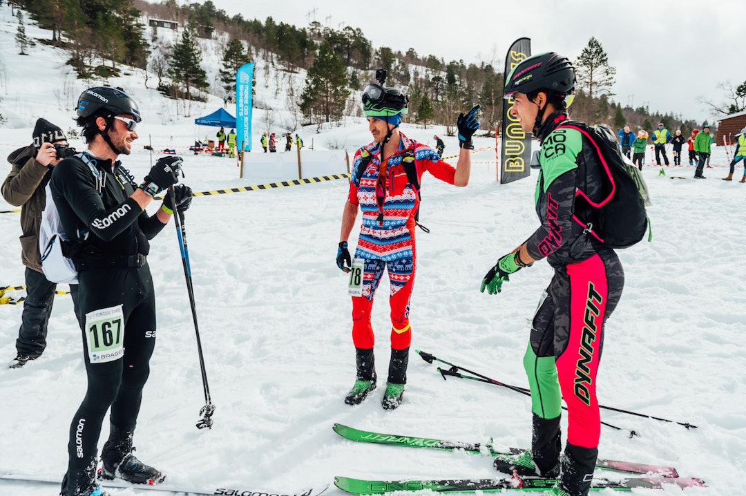 Pallen i herreklassen: Kilian Cornet (til venstre) ble nummer tre, bak Lars Erik Skjervheim som tok sitt sjette NM-gull i randonnée, og Oriol Cardona Coll. Foto: Erbi/Dynafit Romsdal Rando Pallen i herreklassen: Kilian Cornet (til venstre) ble nummer tre, bak Lars Erik Skjervheim som tok sitt sjette NM-gull i randonnée, og Oriol Cardona Coll. Foto: Erbi/Dynafit Romsdal Rando