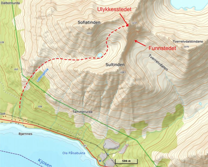 KART: Her ser du merket på kartet hvor ulykka og funnstedet var. Foto: Varsom KART: Her ser du merket på kartet hvor ulykka og funnstedet var. Foto: Varsom