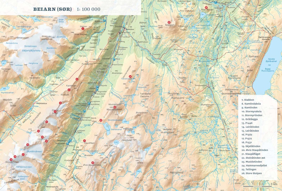 Oversiktskart over Beiarn Sør. Fra Toppturer rundt Bodø.