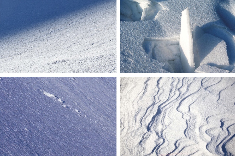 SNØTYPER: Alle former for snø krever en viss tilpassning i kjørestil og evt utstyrsvalg. (Fra øverst til venstre: puddersnø, skare, slusj og fokksnø Vanskelig skiforhold