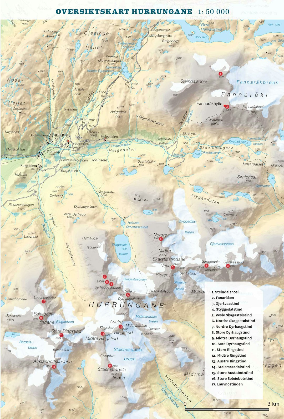 Oversiktskart over Hurrungane. Frå Toppturar i Sogn. Oversiktskart over Hurrungane. Frå Toppturar i Sogn.