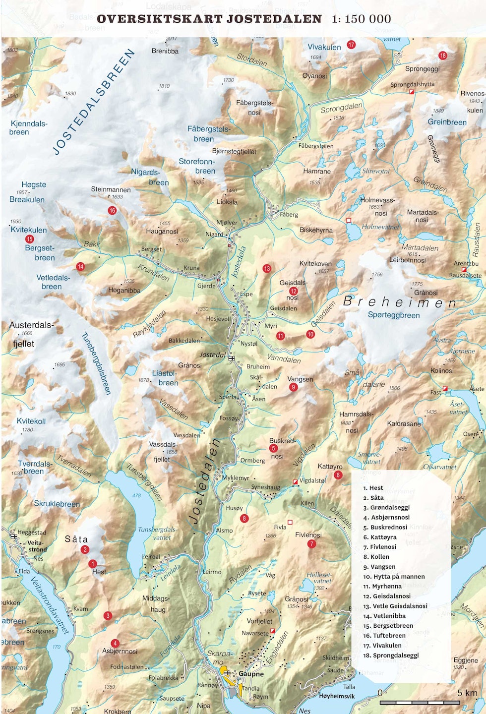 Oversiktskart over Jostedalen. Frå Toppturar i Sogn. Oversiktskart over Jostedalen. Frå Toppturar i Sogn.